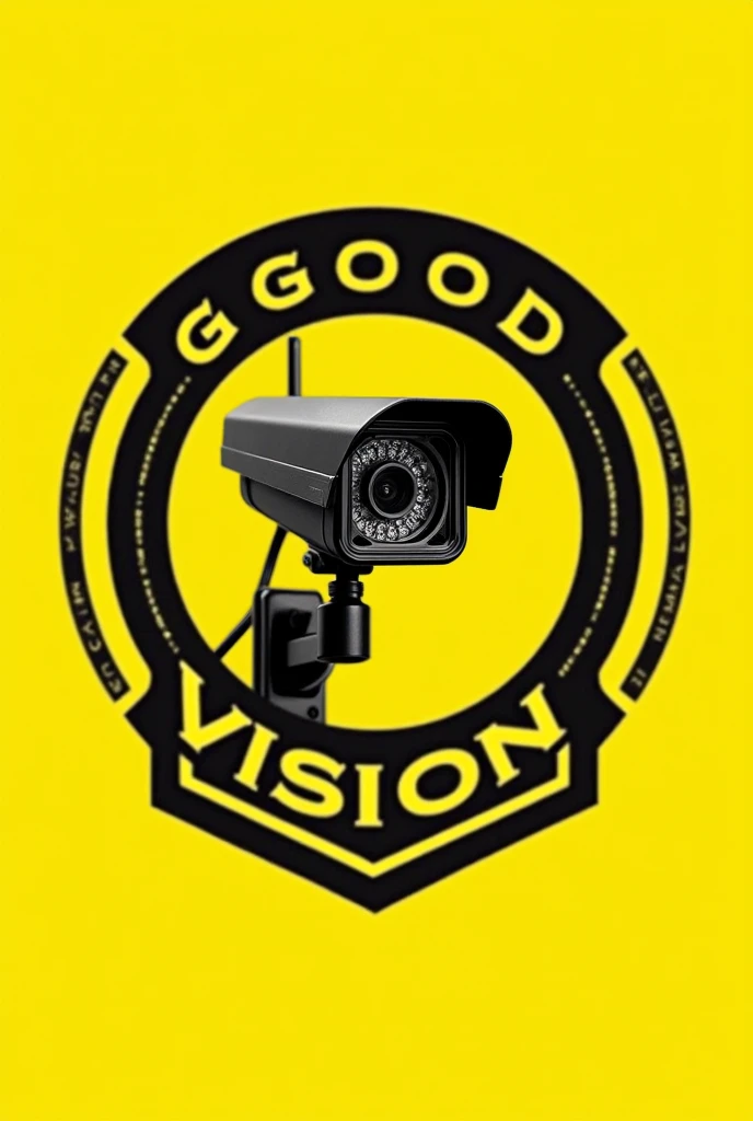 Black circle border with a yellow background.
Central image: a security camera.
Above the image, write only GOOD inside the shield.
Below the image, write VISION inside the shield.
High quality, well focused.
