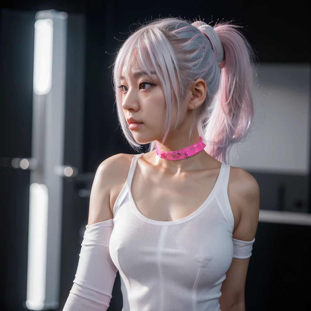 Photorealistic, 4k, ultra high detail, korean girl, cute, posing in profile, looking into distance, pouting, dyed bright white hair, long ponytail, fringe, light tight fitting shear dress, dark out of focus background, bright bounced light attenuation, short focal length, DSLR, black choker, pink plastic wrist bangle.