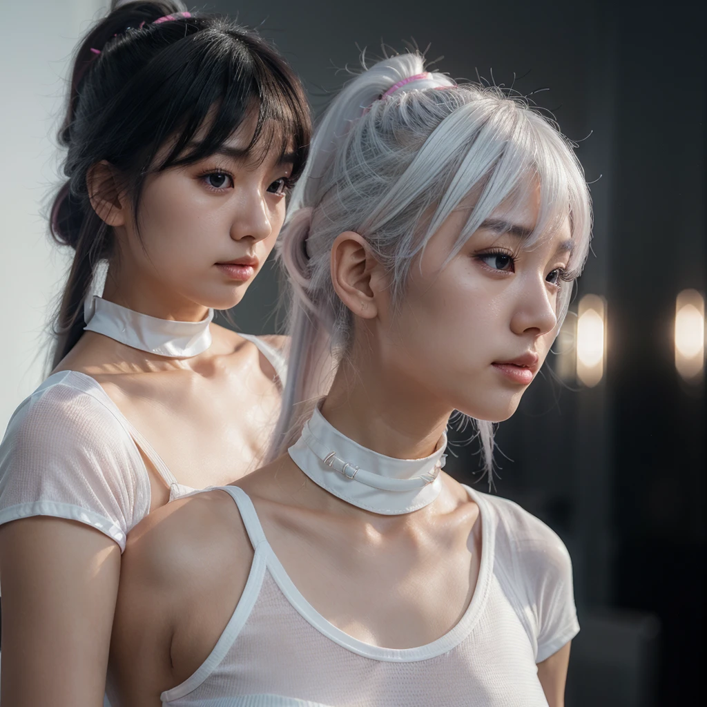 Photorealistic, 4k, ultra high detail, korean girl, cute, posing in profile, looking into distance, pouting, dyed bright white hair, long ponytail, fringe, light tight fitting shear dress, dark out of focus background, bright bounced light attenuation, short focal length, DSLR, black choker, pink plastic wrist bangle.