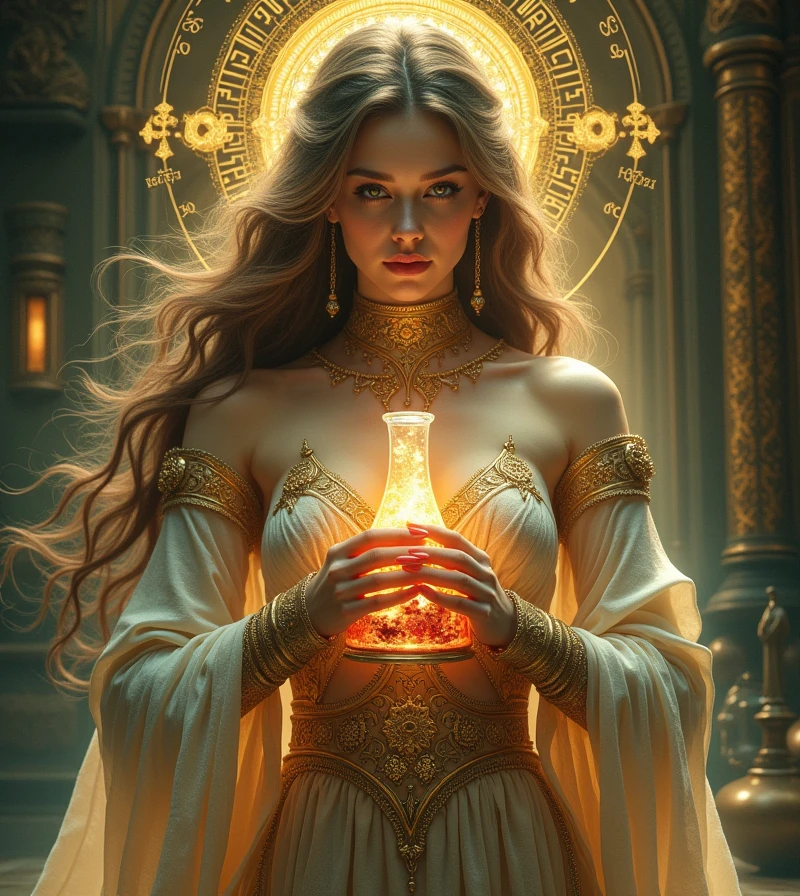 (Goddess of Alchemy:1.4), an ethereal female figure embodying the essence of alchemy, (a graceful and powerful presence, with flowing robes made of shimmering gold and silver that transition into complex chemical symbols and arcane patterns:1.2), (her eyes glow with a deep, mystical light, radiating knowledge and power:1.2), (hands delicately holding a flask filled with a luminous, swirling elixir:1.2), (around her, elements of earth, fire, water, and air are subtly incorporated into the design, symbolizing the transformative nature of alchemy:1.2), (metallic elements, like intricate gears and ancient, alchemical instruments, are woven into the background, representing the fusion of science and mysticism:1.2), (glowing runes and alchemical symbols floating around her, casting soft, ambient light:1.2), (a background of a mystical laboratory or ancient temple, bathed in warm, golden light:1.2), (delicate gold and silver details adorning her figure and surroundings:1.2), (rich, deep colors—emerald greens, sapphire blues, and ruby reds—enhancing the sense of depth and complexity:1.2), (perfect image quality:1.4), (intricate details and a dynamic, harmonious composition:1.2)