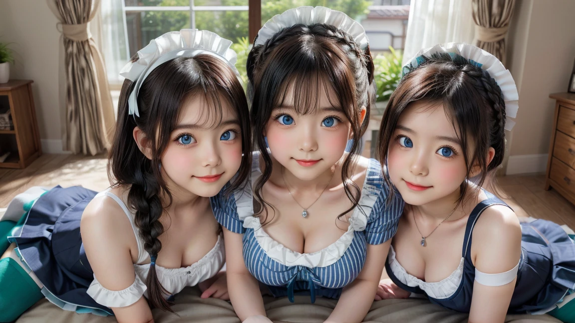 ( 3 girls),smile、Look into the camera、diamond necklace、braided hair, (Half-body maid cafe outfit with open chest showing breasts:1.1)、The material is smooth and flexible..、revealing upper arms、Blue-green striped knee-length socks Extra long double tail feathers、close range shooting、Flower Hair Ornaments、Close your eyes、Garter、 Masterpiece, Highest quality, 8ก, beautiful girl, young face、 photography, Cute face, thigh,waterfall,รอยsmile、small waist, blue eyes(((The chest is erect..:1.0)))(((round chest:1.0)))(((big breasts:1.0)))