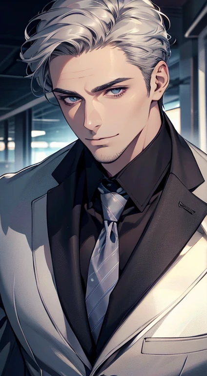 (best quality,4k,8k,highres,masterpiece:1.2),ultra-detailed,(realistic,photorealistic,photo-realistic:1.37),1 man,31 years old,mature man,very handsome,without expression,smile,short grey silver hair,blue eyes,penetrating gaze,perfect face without errors,imposing posture,businessman,office background,cinematic lighting,hdr image