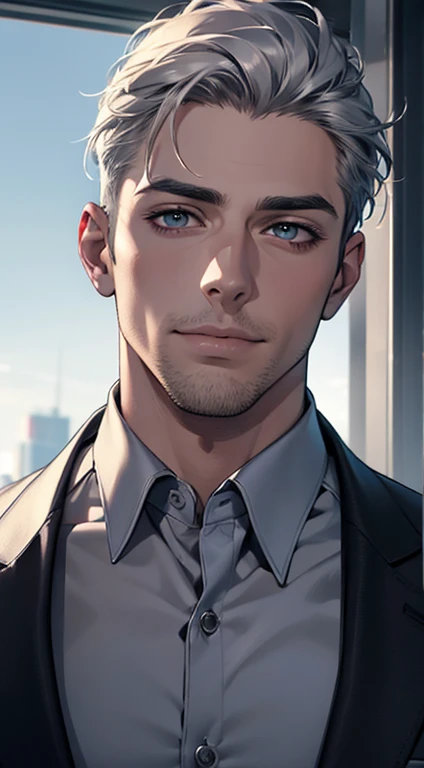 (best quality,4k,8k,highres,masterpiece:1.2),ultra-detailed,(realistic,photorealistic,photo-realistic:1.37),1 man,31 years old,mature man,very handsome,without expression,smile,short grey silver hair,blue eyes,penetrating gaze,perfect face without errors,imposing posture,businessman,office background,cinematic lighting,hdr image