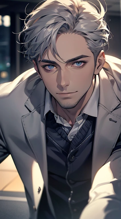 (best quality,4k,8k,highres,masterpiece:1.2),ultra-detailed,(realistic,photorealistic,photo-realistic:1.37),1 man,31 years old,mature man,very handsome,without expression,smile,short grey silver hair,blue eyes,penetrating gaze,perfect face without errors,imposing posture,businessman,office background,cinematic lighting,hdr image