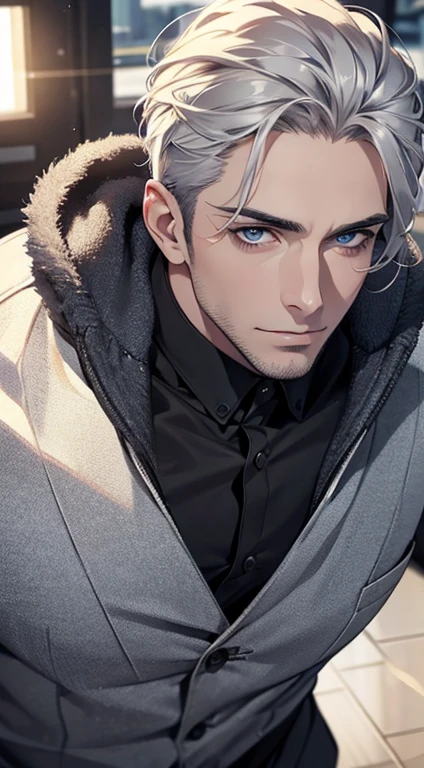(best quality,4k,8k,highres,masterpiece:1.2),ultra-detailed,(realistic,photorealistic,photo-realistic:1.37),1 man,31 years old,mature man,very handsome,without expression,smile,short grey silver hair,blue eyes,penetrating gaze,perfect face without errors,imposing posture,businessman,office background,cinematic lighting,hdr image