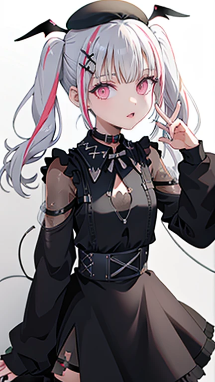 aasena, twintails, multicolored hair, hair ornament, head wings, beret, black headwear, black choker, black dress, clothing cutout, long sleeves