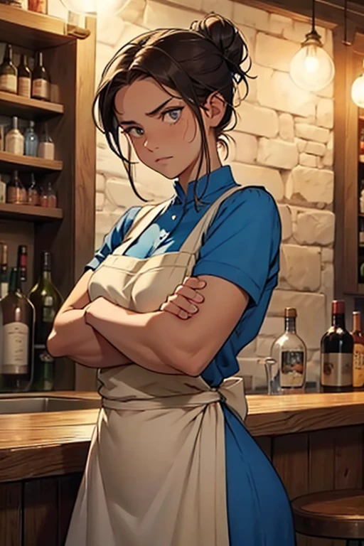 taverna fantasia medieval com taverneira Visual: Lucia wears a bartender's apron that looks like it was hastily adjusted, with some loose threads and a little crumpled. Her hair is pulled back in a messy bun and some strands fall over her face. She has a weary look and her expression tends to be one of frustration.
stance: She usually stands with her arms crossed over her chest