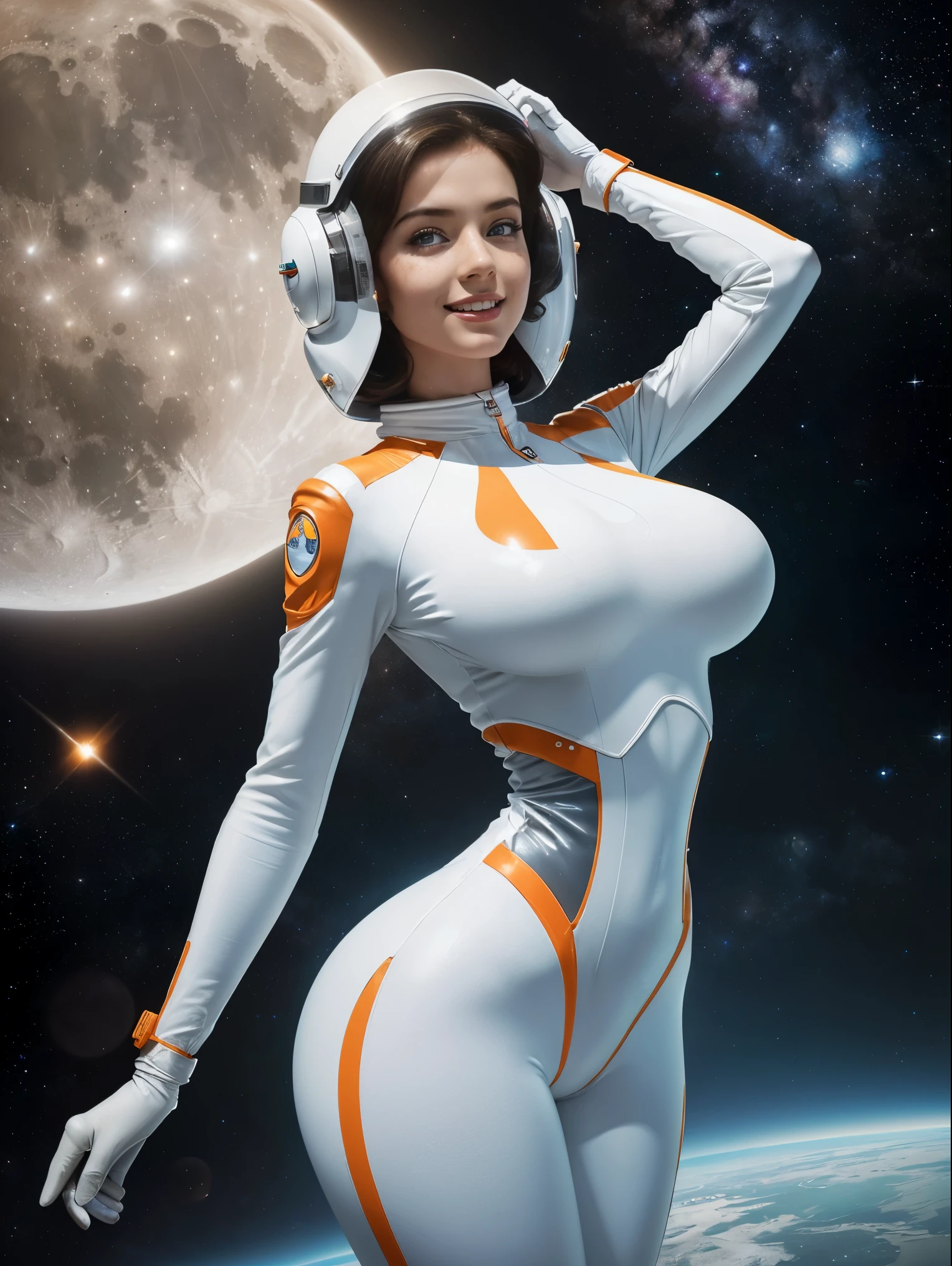 (masterpiece, top quality, best quality, official art, beautiful and aesthetic:1.2), (1girl:1.3), light freckles, fair skin, extremely detailed, portrait, looking at viewer, solo, (full body:0.6), detailed background, close up, (bright space pinup theme:1.1), busty 1950's pinup brunette space girl, charlatan, smiling, happy, mysterious, spacewalk, modest attire, white and orange space suit, spacesuit, helmet, bodysuit, ray gun, long boots, pouches, jetpack, glass helmet, rocket ship, ((((narrow hips, slim sexy body, gigantic breasts)))), slim waist, slim hips, long legs, futuristic (moon exterior:1.1) background, dark mysterious lighting, shadows, magical atmosphere, dutch angle,