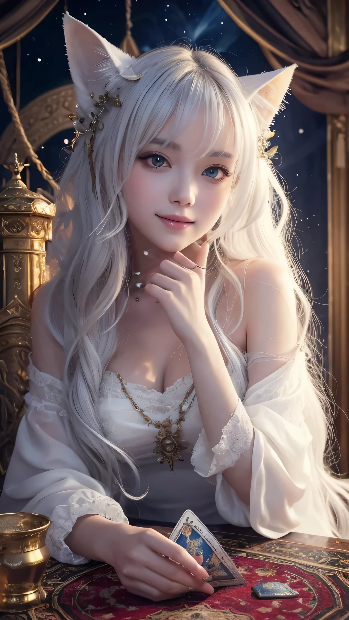 Bright expression、Photorealism、Highest quality、Ultra-high resolution、picture、Photo of a beautiful girl of Scandinavian origin、Extraordinary beautiful girl、A cute and beautiful face down to the last detail、(Pure Eros Face_v1:0.008)、Beautiful Bangs、Alice in Wonderland、18-year-old、Glowing White Skin、Facial hair、Bangs on the face、Bangs between the eyes、Super long hair、Attractive light and white super long straight silky hair、Beautiful bright transparent light blue big eyes that are charming and shining、White apron、Yellow Dress、eyeliner、double eyelid、Ample breasts、Two people、Cat ears、LOL、Holding a cat、Fantasy