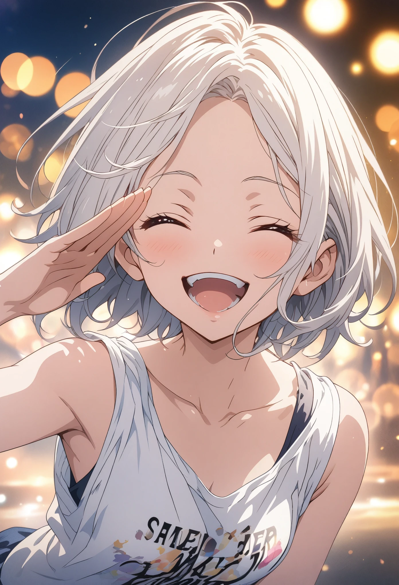 masterpiece, Highest quality, Highly detailed CG Unity 8K wallpapers, High School Girl Anime Illustration. Wear an oversized tank top、salute、Big eyes, Double teeth, she has her eyes closed and mouth open, smile. short hair, White Hair, amount, Parted bangs, Bokeh, Written boundary depth