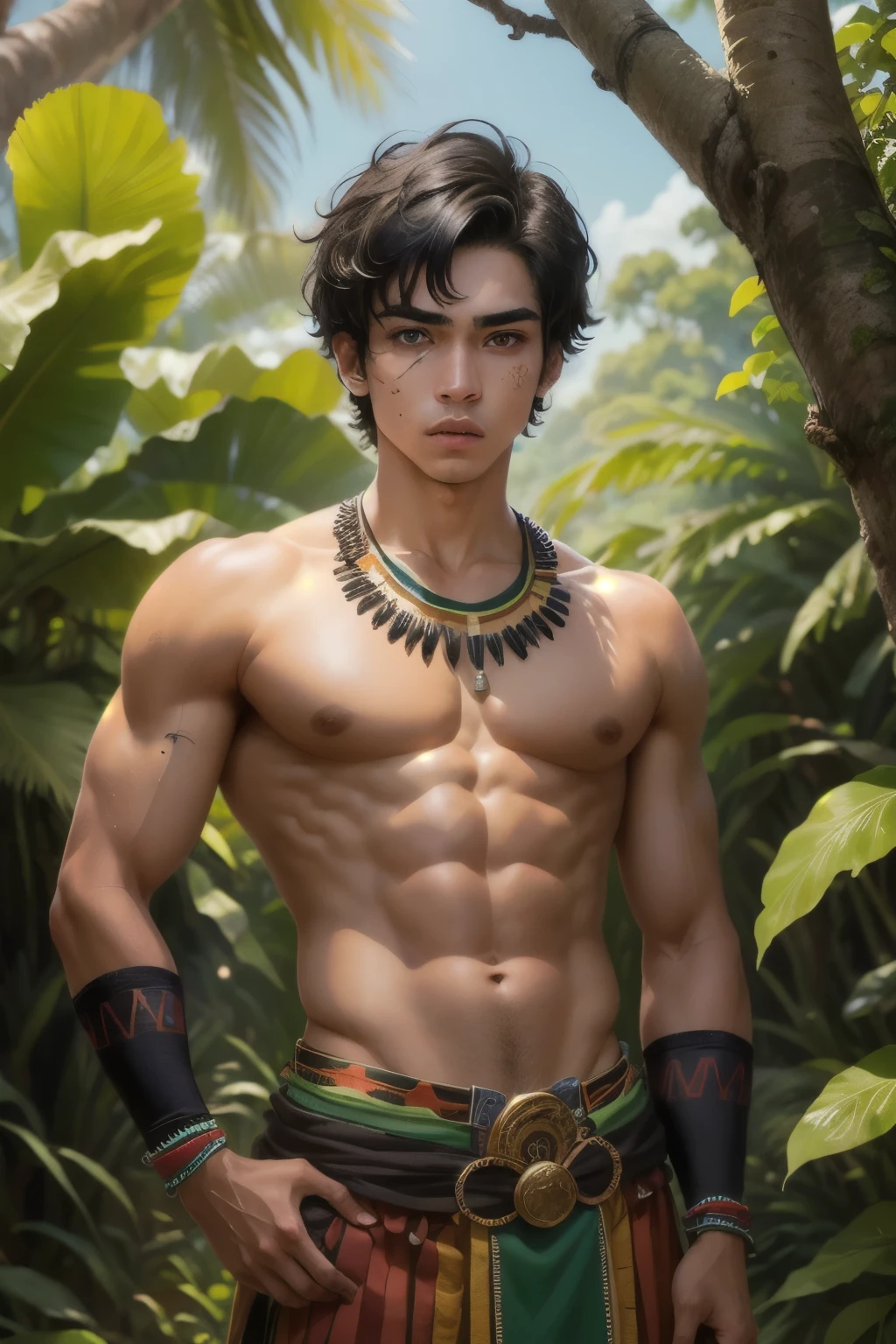 Solo, latin american boy of 19 years old, tan skin, toned, lean, black hair, crop hair, left eye green, right eye brown, tribal community, standing, arms crossed, front view, leaning his back against a tree, serious, tribal reveling outfit, jungle