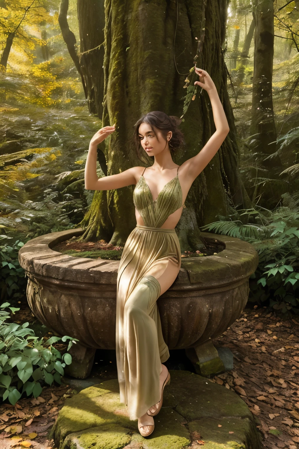 A whimsical miniature figure composed of delicately arranged autumn leaves, poised in a carefree dance on the rim of a weathered, moss-covered terracotta pot, set against a lush, vibrant forest backdrop, where dappled sunlight filters through the canopy above, casting intricate shadows. The overall aesthetic is ethereal, with warm, earthy tones of sienna, umber, and olive green, infused with hints of emerald and golden light, evoking a sense of wonder and enchantment, as if plucked from a fantastical realm.