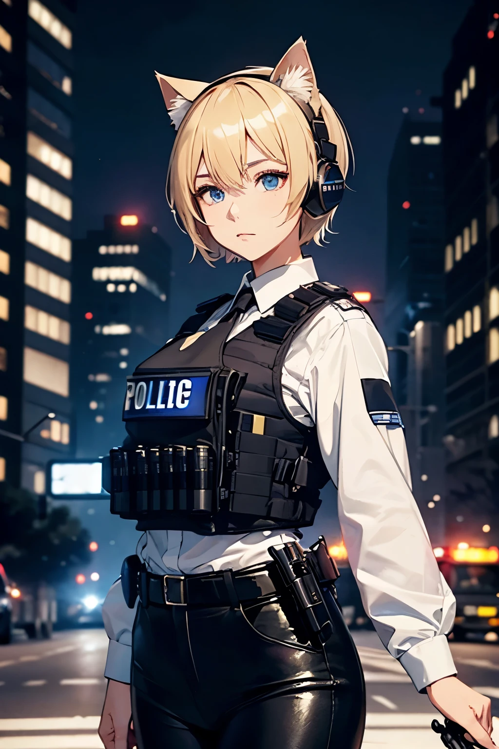 25-year-old woman(Police Officer)、Blonde Short Hair、Cat ears、Her eyes are green and beautiful.、Black bulletproof vest、headset、cop uniform、new york night view background、Red and blue police lights、crime scene、High resolution, High detail, Active Pause、Gunfight
