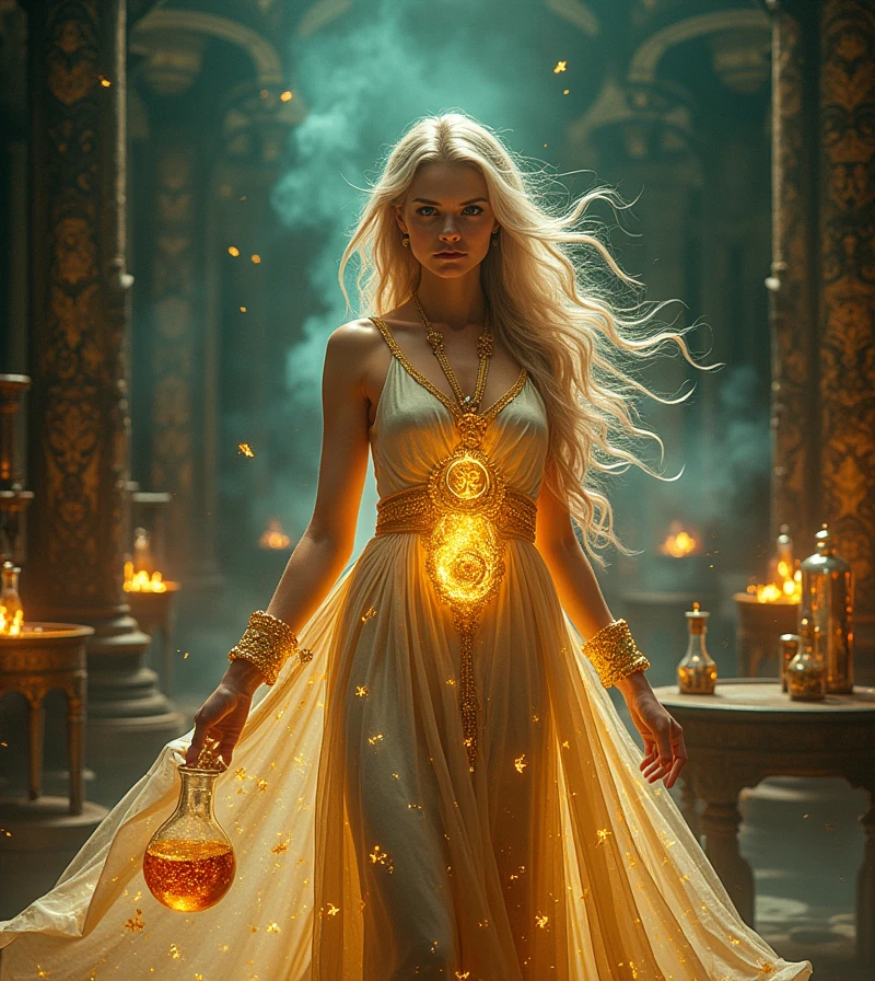 (Goddess of Alchemy:1.4), an ethereal female figure embodying the essence of alchemy, (a graceful and powerful presence, with flowing robes made of shimmering gold and silver that transition into complex chemical symbols and arcane patterns:1.2), (her eyes glow with a deep, mystical light, radiating knowledge and power:1.2), ((hands delicately holding a flask filled with a luminous, swirling elixir:1.2)), (around her, elements of earth, fire, water, and air are subtly incorporated into the design, symbolizing the transformative nature of alchemy:1.2), (metallic elements, like intricate gears and ancient, alchemical instruments, are woven into the background, representing the fusion of science and mysticism:1.2), ((glowing runes and alchemical symbols floating around her, casting soft, ambient light:1.2)), (a background of a mystical laboratory or ancient temple, bathed in warm, golden light:1.2), (delicate gold and silver details adorning her figure and surroundings:1.2), (rich, deep colors—emerald greens, sapphire blues, and ruby reds—enhancing the sense of depth and complexity:1.4), (perfect image quality:1.4), (intricate details and a dynamic, harmonious composition:1.4)
