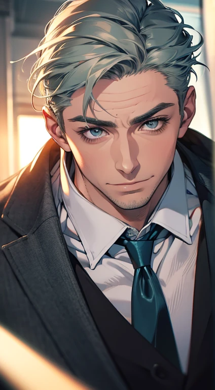 (best quality,4k,8k,highres,masterpiece:1.2),ultra-detailed,(realistic,photorealistic,photo-realistic:1.37),1 man,31 years old,mature man,very handsome,without expression,smile,short grey green hair,blue eyes,penetrating gaze,perfect face without errors,imposing posture,businessman,office background,cinematic lighting,hdr image