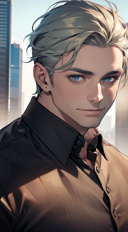 (best quality,4k,8k,highres,masterpiece:1.2),ultra-detailed,(realistic,photorealistic,photo-realistic:1.37),1 man,31 years old,mature man,very handsome,without expression,smile,short grey green hair,blue eyes,penetrating gaze,perfect face without errors,imposing posture,businessman,office background,cinematic lighting,hdr image