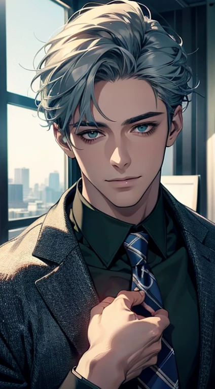 (Highest quality,4K,8K,High resolution,masterpiece:1.2),Super detailed,(Realistic,photoRealistic,photo-Realistic:1.37),1 person,31 years old,Mature Men,Beautiful skin、very handsome,Expressionless smile in love,Short gray blue hair,green eyes,Sharp Eyes,A perfect face without a doubt,Businessman,Office Background,Cinema Lighting,HDR image,tie、