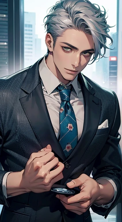 (Highest quality,4K,8K,High resolution,masterpiece:1.2),Super detailed,(Realistic,photoRealistic,photo-Realistic:1.37),1 person,31 years old,Mature Men,Beautiful skin、very handsome,Expressionless smile in love,Short gray blue hair,green eyes,Sharp Eyes,A perfect face without a doubt,Businessman,Office Background,Cinema Lighting,HDR image,tie、