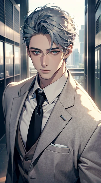 (Highest quality,4K,8K,High resolution,masterpiece:1.2),Super detailed,(Realistic,photoRealistic,photo-Realistic:1.37),1 person,31 years old,Mature Men,Beautiful skin、very handsome,Expressionless smile in love,Short gray blue hair,green eyes,Sharp Eyes,A perfect face without a doubt,Businessman,Office Background,Cinema Lighting,HDR image,tie、