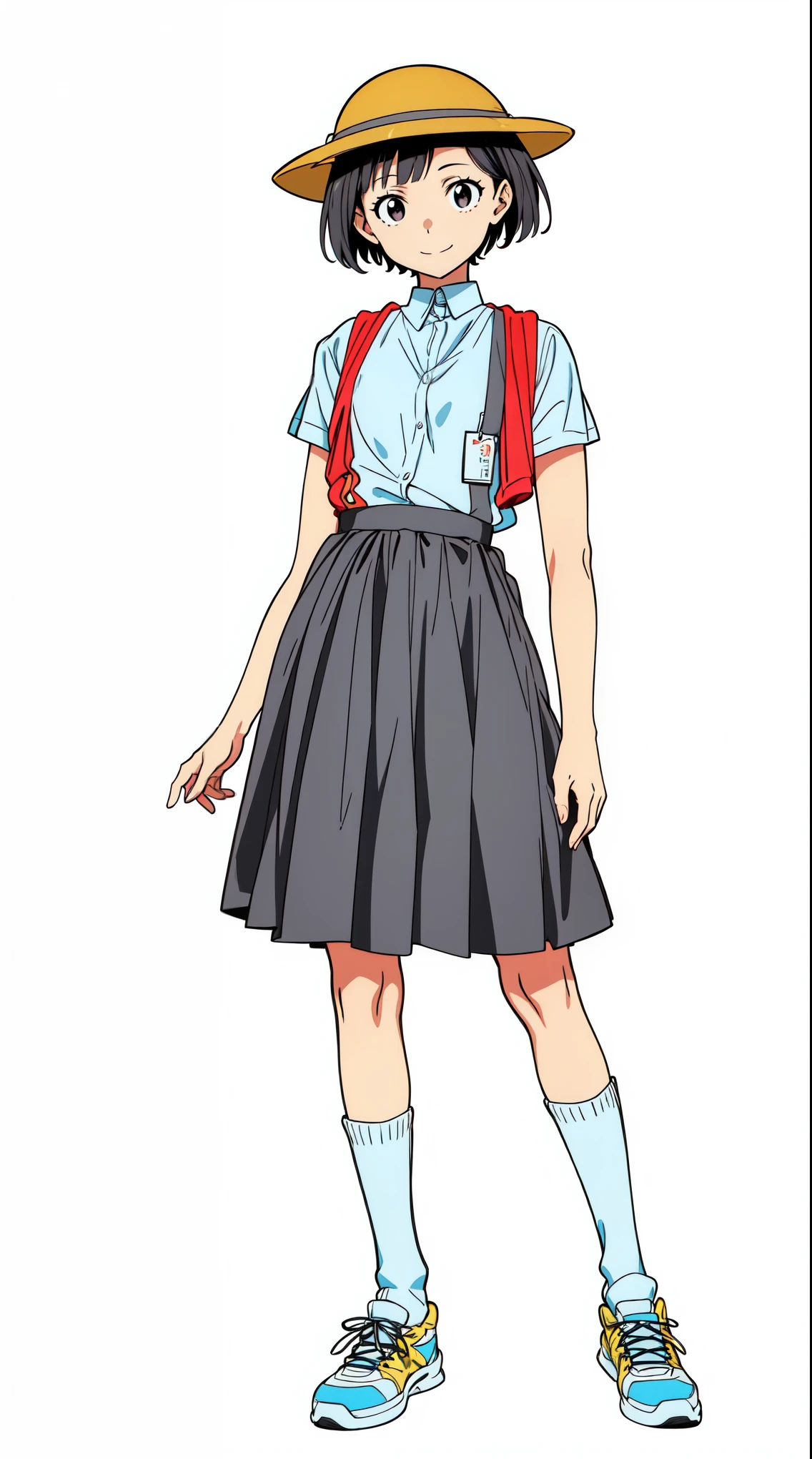 (white background:1.0), (best quality:1.0), (masterpiece:1.0), (super fine illustration:1.0), (beautiful artwork:1.0), (anime screencap:1.0), (official art:1.0), (full body:1.0), (solo:1.0), (a cute girl:1.0), (yellow hat:1.0), (red randoseru:1.0), (name tag:1.0), (long skirt:1.0), (black skirt:1.0), (pleated skirt:1.0), (white shirt:1.0), (short sleeve dress shirt:1.0), (black thin suspenders:1.0), (sneakers:1.0), (white socks:1.0), (ideal ratio body proportions:1.0), (lanky:1.0), (tall:1.0), (slender:1.0), (small breasts:1.0), (smaller face:1.0), (detailed beautiful eyes:1.0), (detailed beautiful face:1.0), (tareme:1.0), (smile:1.0), (cheerful:1.0), (glowing black eyes:1.0), (short hair:1.0), (blunt bangs:1.0), (black hair:1.0), (standing:1.0), (looking at viewer:1.0)