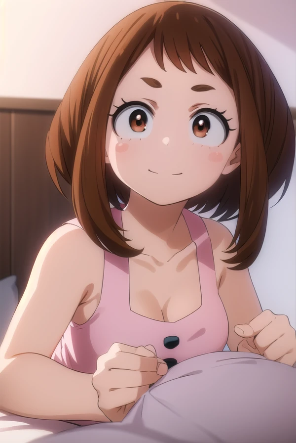 ochakouraraka, ochako uraraka, (uraraka ochako:1.5), (brown eyes:1.5), brown hair, short hair, blush, blush stickers, smile,
BREAK bare shoulders,pink dress,pink pajamas,bare shoulders,medium breasts,bare legs,cleavage,frilled dress,collarbone,bare foot,(masterpiece:1.2), nsfw, best quality, high resolution, unity 8k wallpaper, (illustration:0.8), (beautiful detailed eyes:1.6), extremely detailed face, perfect lighting, extremely detailed CG, (perfect hands, perfect anatomy),Bedroom, whole body,laying on pillow,laying on bed