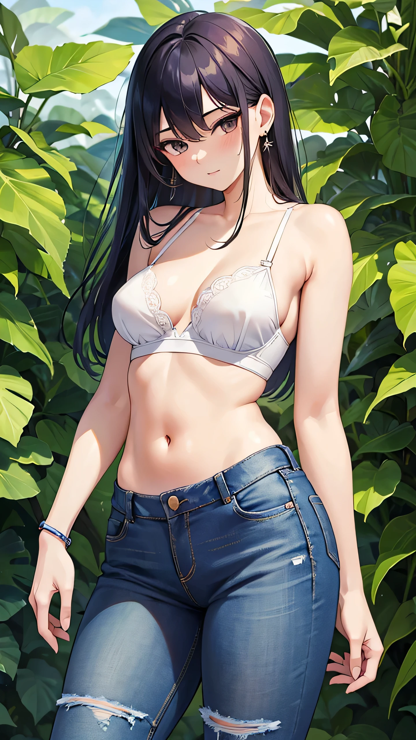 sexy Komi Shouko wearing a bra top and panties standing holding a green plant, 1girl, jeans, underwear, solo, bra, denim, panties, realistic, pants, navel, breasts, jewelry, earrings, flower, masterpiece, (best quality), (ultra-detailed), beautiful, cute, 8K, official wallpaper,