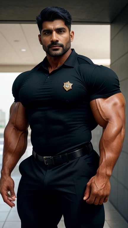 handsome 40 years old indian young GURJAR masculine strong bodybuilder boy in security guard uniform with huge wide muscular shoulders, wide chest, abs, masculine wide triceps, arms, biceps, big masculine legs, wide thighs, calfs, black-haired, hair falls on your face, His perfect( big huge penis) is (coming out) of his pant,masterpieces, head to calf view, clear face, shot with nikon camera