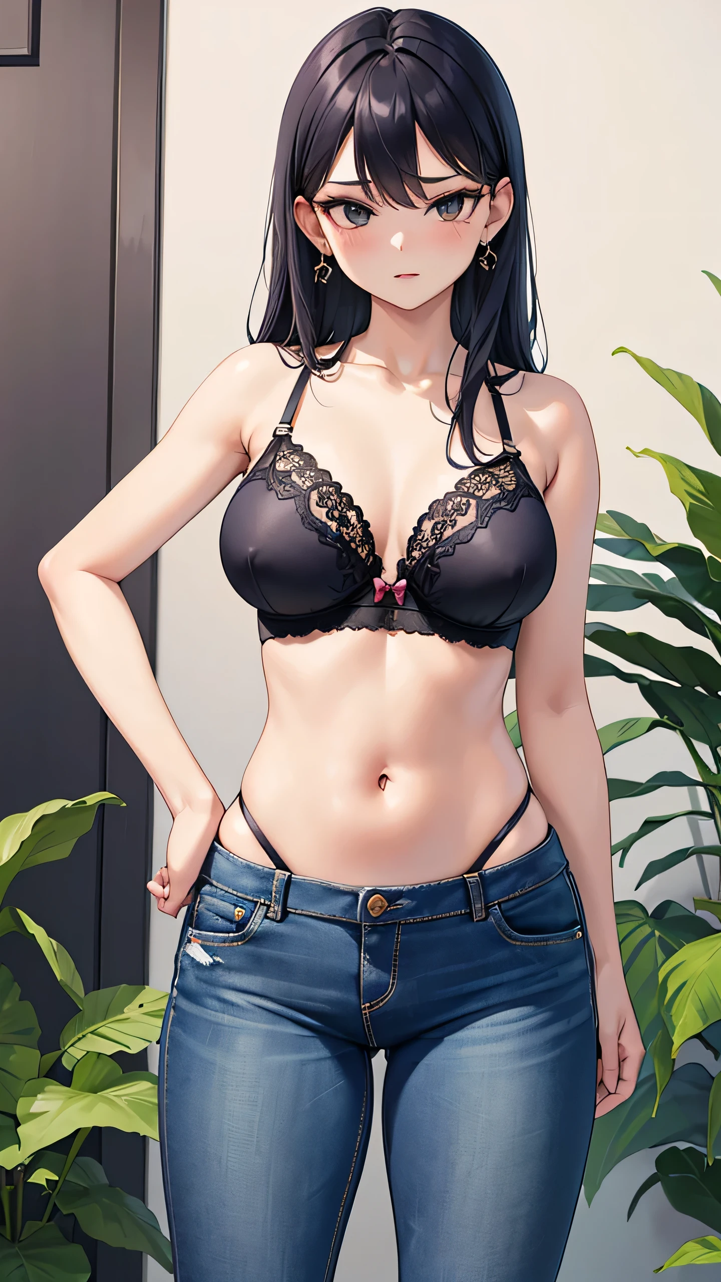 sexy Komi Shouko wearing a bra top and panties standing holding a green plant, 1girl, jeans, underwear, solo, bra, denim, panties, realistic, pants, navel, breasts, jewelry, earrings, flower, masterpiece, (best quality), (ultra-detailed), beautiful, cute, 8K, official wallpaper,