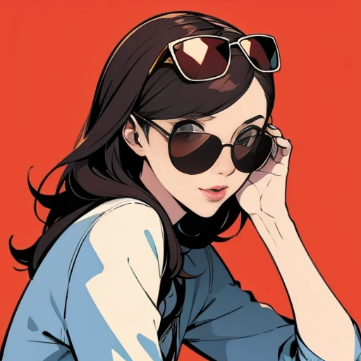 A girl with sunglasses perched on her head, only one sunglasses