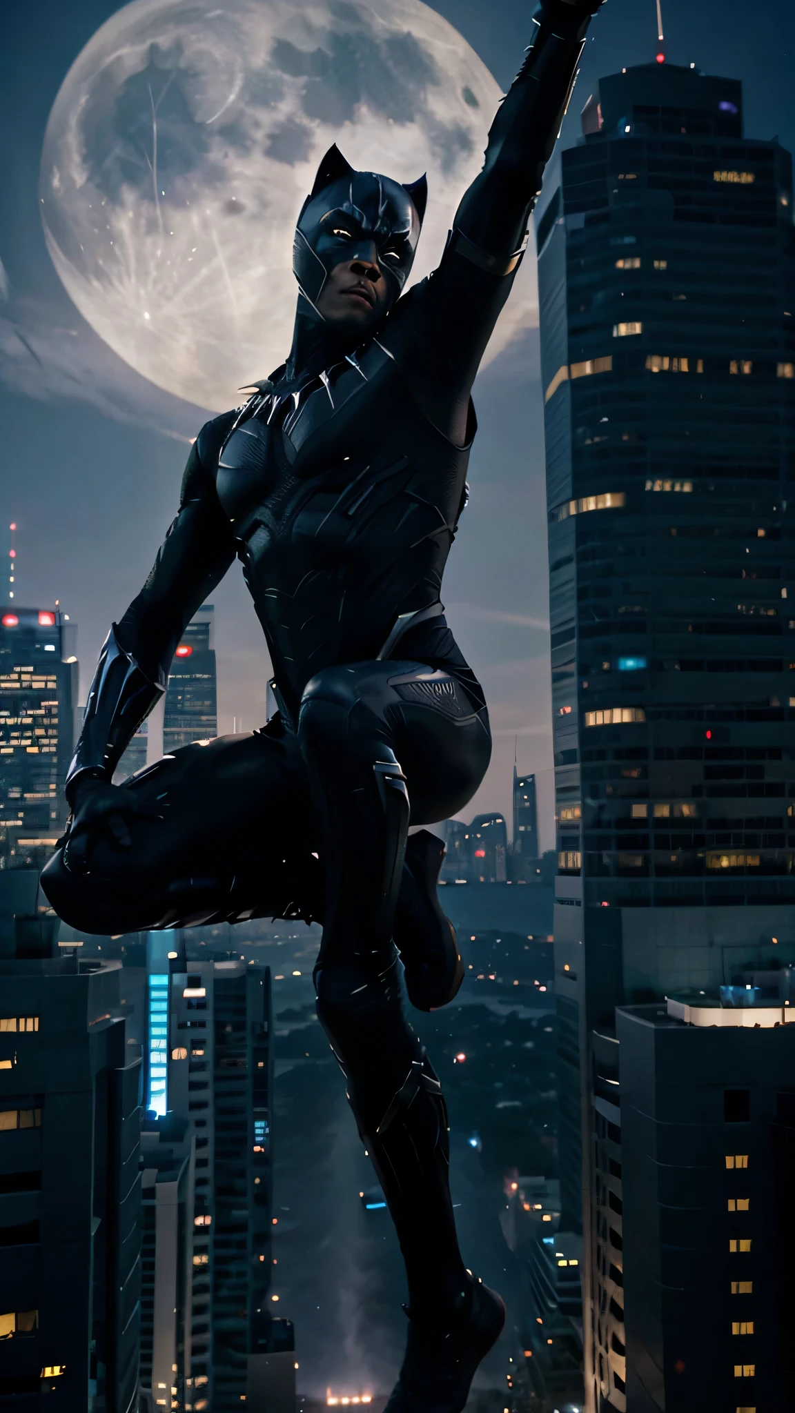 Black Panther in mid-leap, claws extended, with the futuristic skyline of Wakanda behind him, his suit reflecting the moonlight, and a look of fierce determination.”