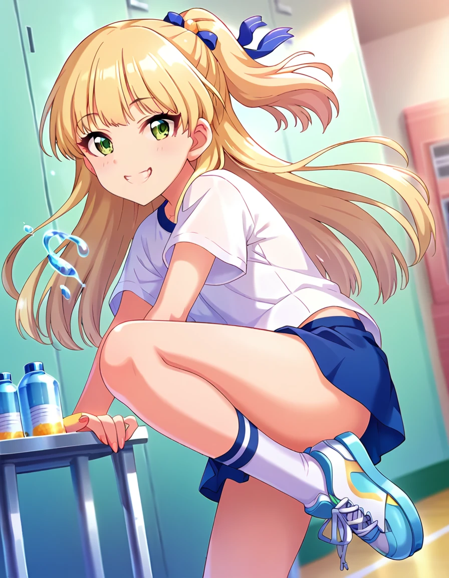 score_9, score_8_superior, score_7_superior, sauce_anime,
evaluation_Sensitive, Sexually suggestive,
One person, alone, smile, Joyful, 
Outdoor, Sunbeam,
 sorry, Long Hair, Blonde,   one side superior,  Hair Ribbon, Green Eyes,Small breasts, 
Gym suit, White gym shirt, Untucked shirt,  Blue Bloomers, socks, sneakers, Thighs, Showing off her ass，
Detailed eyes, Eye Reflexes,