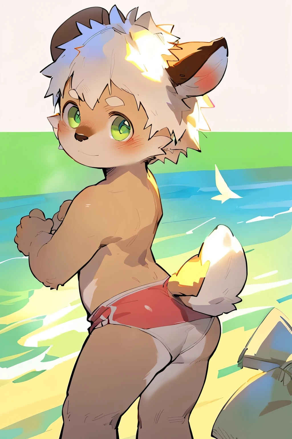 masterpiece, best quality, Perfect anatomical structure, Bright Eyes, Big watery eyes, From milkytiger1145, author:K0BIT0WANI, Solitary, deer , Delicate face, Detailed body, whole body, 5 fingers, Detailed hands, Green Eyes, Delicate eyes, Raise your eyebrows, short hair, Brown fur, 2 arms,Upturned butt ,blush, 男士underwear, underwear,,Toddler,((Boy,shota)),boy,Pino Deheny, Carney announced, milkytiger1145,