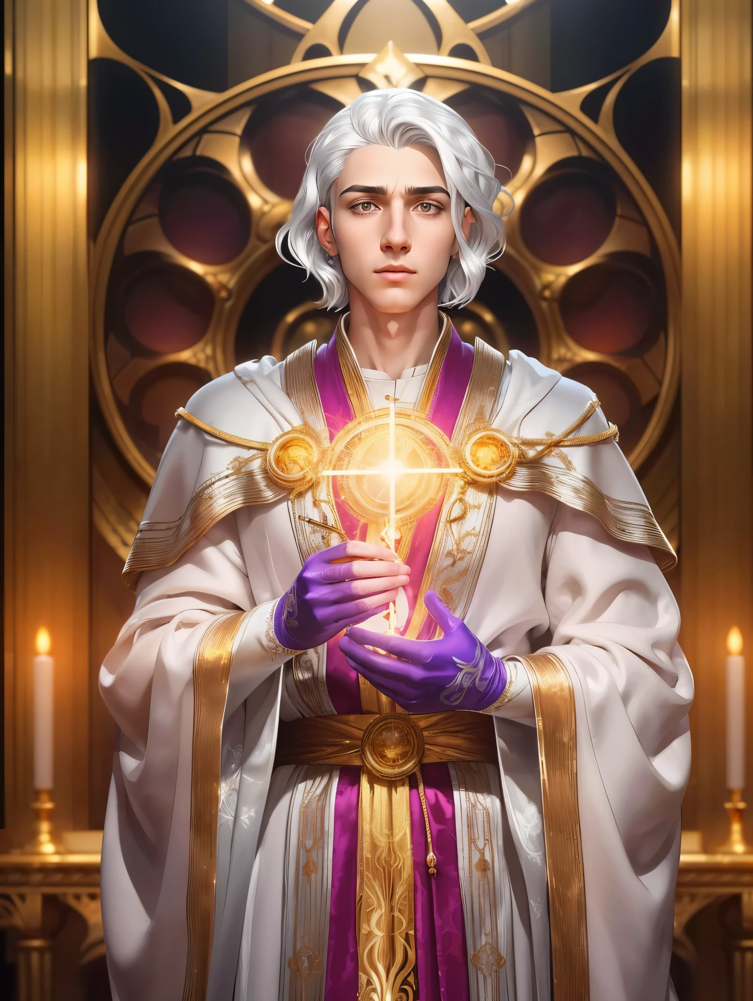 (((Young man))) ,(((A lanky man with silver-white hair and skin, glowing with a faint golden glow))); ((long purple robe embroidered with silver)); standing; ((Traditional Catholic style)); Ultra-realistic skin, face ultrarealistic; ultra realistic body; ((ultra realistic gold jewelry)); detailed skin; ultra detailed eyes; Ultra detailed face; the whole body is symmetrical with thick lines, Fibonacci, Golden ratio, 3D mosaic of metal structure, Neural graphics, Neurons, color, Love, Passion, incredibly detailed, 8 K, masterpiece, ArtStation