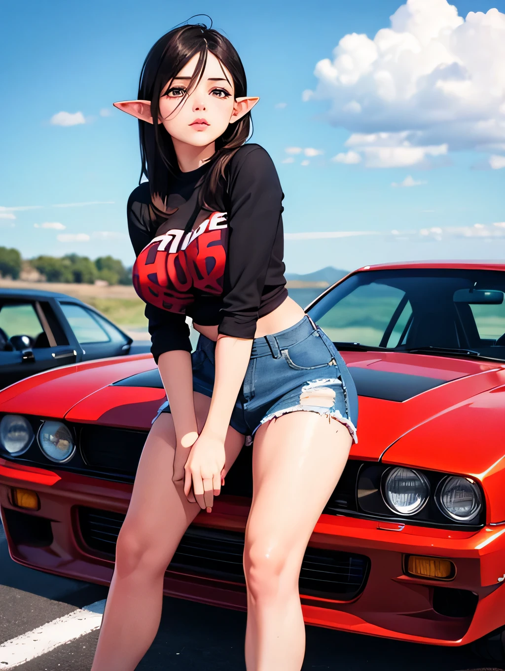 realistic, 1girl, a busty elf with black hair and brown eyes, she has big round breasts, shining eyes, black crop top with a red print, denim hot pants, colorful sneaker, parted lips, blush, Route 66, s, she is leaning against a muscle car, straight legs, bending forward, it is windy and her hair is waiving in the wind