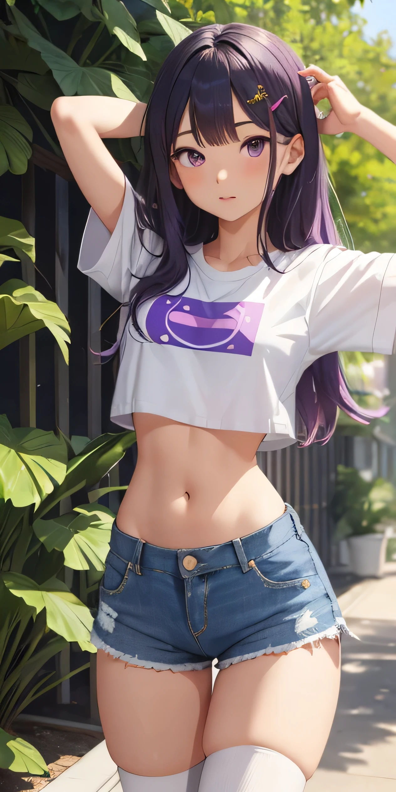 1girl, solo, Komi Shouko, long hair, breasts, looking at viewer, blush, bangs, shirt, purple hair, hair ornament, thighhighs, navel, closed mouth, purple eyes, standing, full body, white shirt, short sleeves, thighs, outdoors, shoes, shorts, day, hairclip, midriff, black thighhighs, stomach, arm up, crop top, short shorts, white footwear, denim, sneakers, blue shorts, denim shorts, hand on own head, crop top overhang, cutoffs