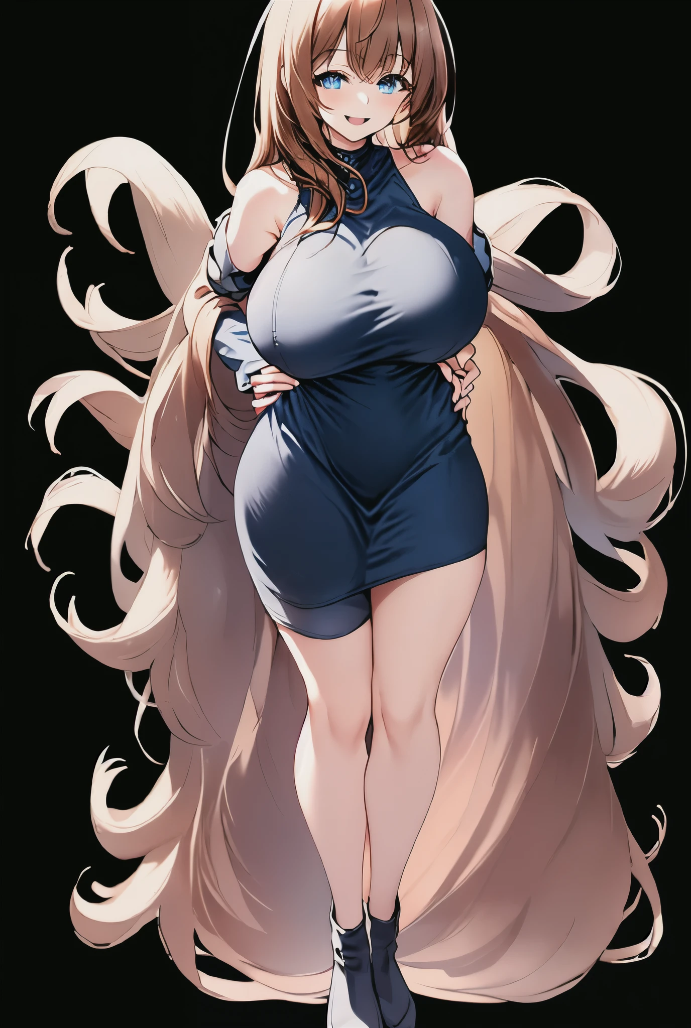 a one woman, full body portrait, chestnut hair, short dress, big boobies, muslos grandes, bared shoulders, blue colored eyes, happy expression, Hands on waist, Overview, super detaill, high resolution, 8k