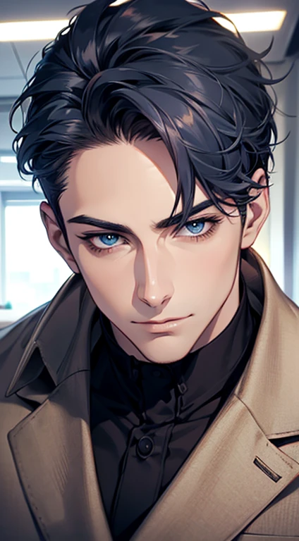 (best quality,4k,8k,highres,masterpiece:1.2),ultra-detailed,(realistic,photorealistic,photo-realistic:1.37),1 man,31 years old,mature man,very handsome,without expression,smile,short blue hair,blue eyes,penetrating gaze,perfect face without errors,imposing posture,businessman,office background,cinematic lighting,hdr image