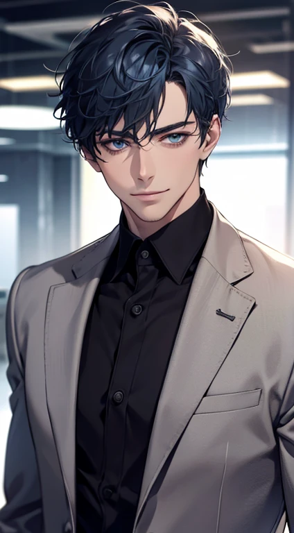 (best quality,4k,8k,highres,masterpiece:1.2),ultra-detailed,(realistic,photorealistic,photo-realistic:1.37),1 man,31 years old,mature man,very handsome,without expression,smile,short blue hair,blue eyes,penetrating gaze,perfect face without errors,imposing posture,businessman,office background,cinematic lighting,hdr image