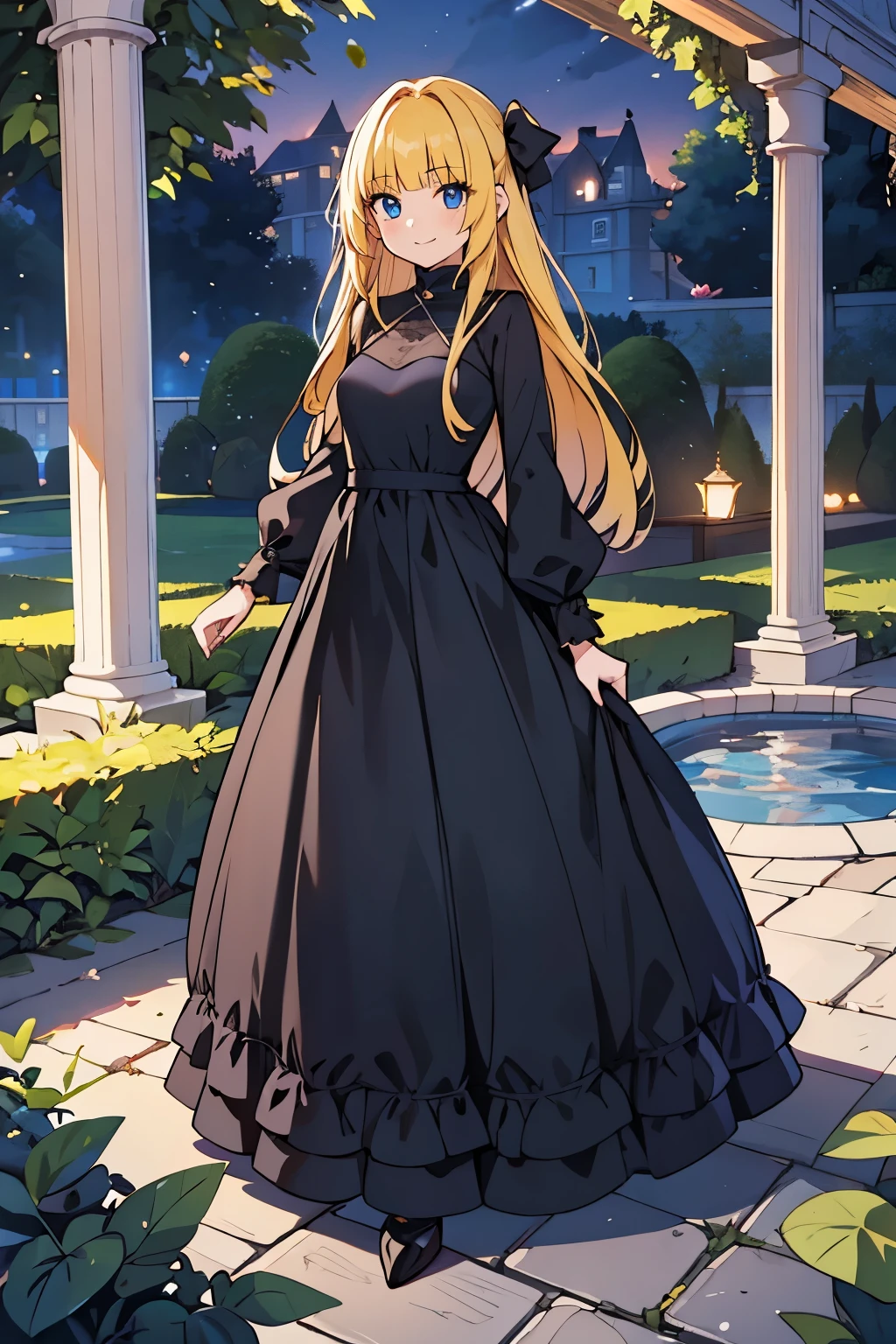 fairy_tail_style, solo, 1 girl, (young female body:1.4), (medium small breasts), golden yellow hair, extra long hair, blunt bangs, crystal blue eyes, very detailed blue eyes, mansion garden, standing on a cobble pathway, a moonlit garden with a fountain, rose bushes, night time, elegant black dress, maxi length black dress, long sleeves, form fitting dress, chic evening dress, party dress