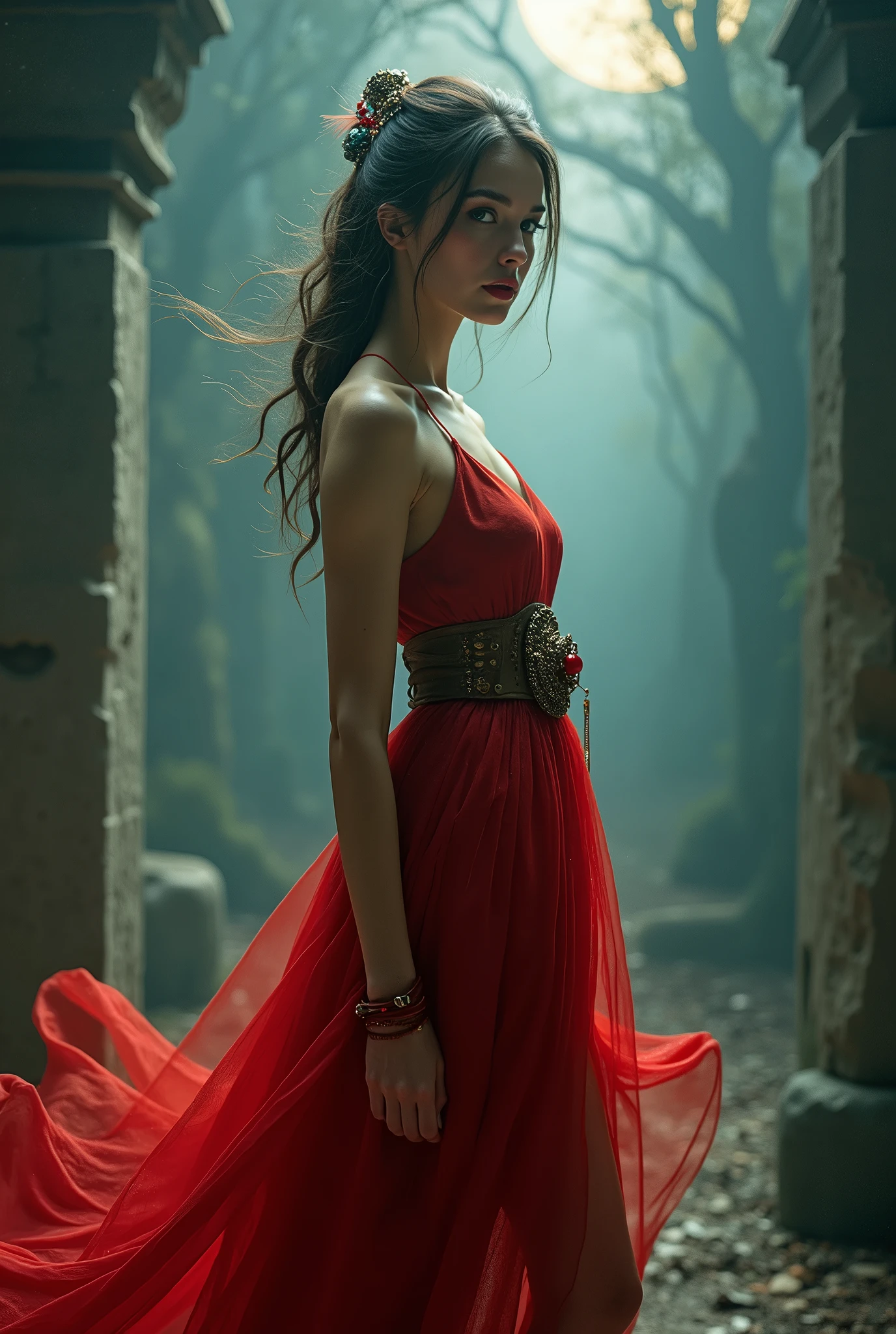 AncheReddressgirl, (masterpiece, best quality: 1.2), 1 girl, solo, In the depths of Wonderland，The moonlight falls like water，The room is foggy，The heroine's figure is clear，Like a fairy in a painting，Sexy slender legs，Very beautiful legs，Sexy exposed legs，Big breasts，Beautiful with a hint of mystery。Her face is beautiful and delicate，Like exquisitely carved jade，Showing supernatural beauty。The eyebrows are as beautiful as a painting，The waves in my eyes are like sparkling stars，Showing the light of perseverance and wisdom。The bridge of the nose is straight，The lip color is like a cherry，The corners of the mouth are slightly curved, showing confidence and composure。Her face is clearly defined clear，Skin as white as jade，Showing a healthy radiance，Like a fairy, she never eats fireworks in the world。Light and delicate makeup，Not too embellished，But enough to show her temperament and charm。Light foundation highlights the transparent skin，A light eyebrow pencil outlines her perfect eyebrow shape，Eye makeup is eye shadow and eyeliner，Make her eyes brighter and more energetic。Lips are painted with graceful lipstick，Add a touch of charm and sophistication。Her dress is graceful and elegant，Clothes fluttering，It seems to be blown away by the wind at any time，drifting into the void。Without losing her grace，Also shows her extraordinary skills。A wide belt is tied around the waist，There is a pendant A transparent jade necklace hung on it, swinging with her movements. Her hair was tied back loosely, secured with a hosta, a few strands of hair fluttered gently in the wind, adding a touch of softness. Her figure loomed in the fairy world, attracting everyone's attention. She was like a fairy in the fairy world, charming, mysterious, and full of power.