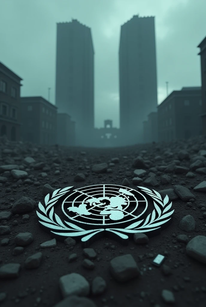 imageio: The UN logo destroyed or in ruins. Ao fundo, large totalitarian buildings, representing oppressive regimes.styled: Dark images with low lighting, symbolizing the absence of global peace..