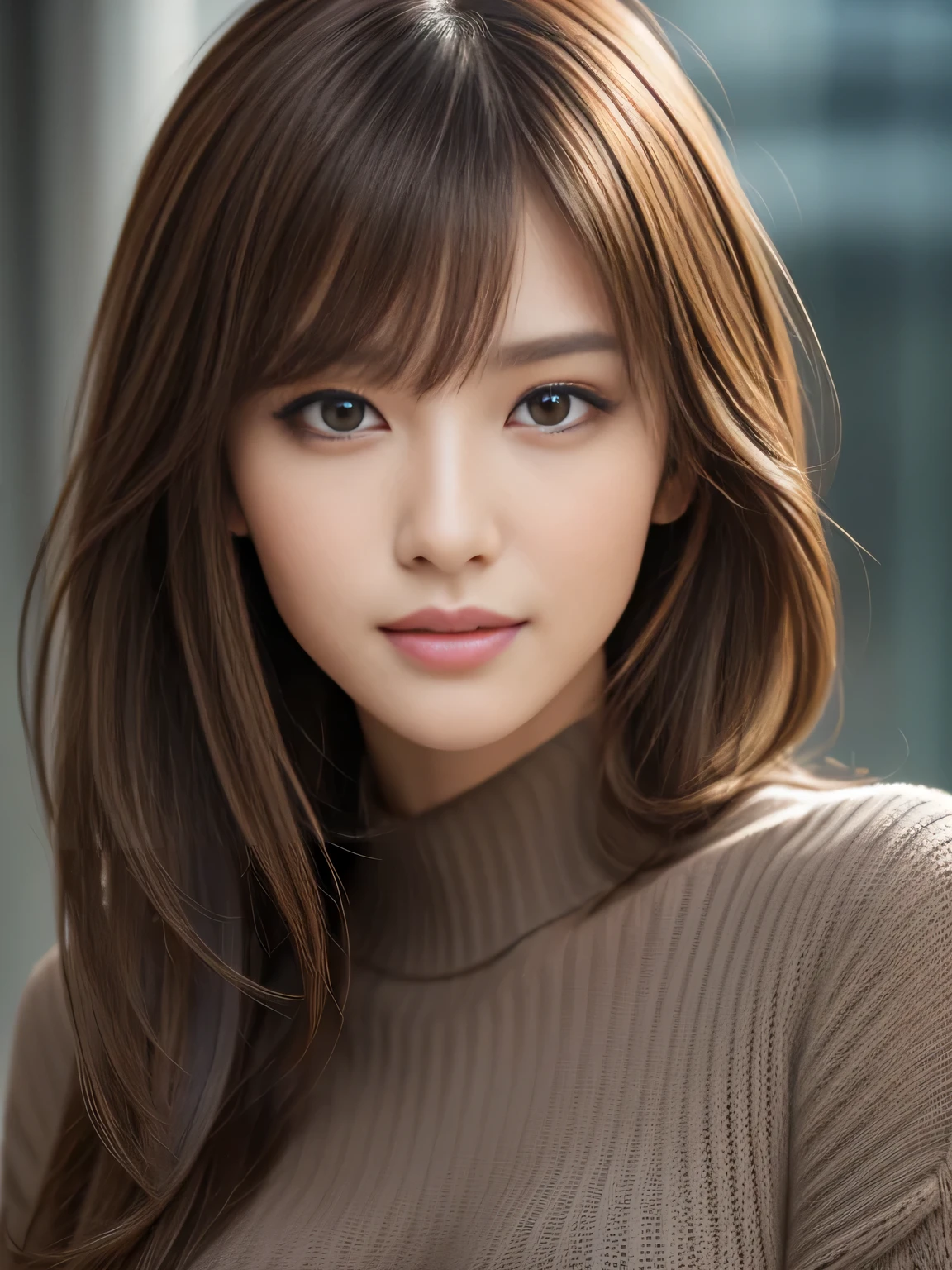 masterpiece, best quality, ultra-detailed, intricately detailed hyperdetailed, realistic, sharp features, highly detailed, sharp focus, Realistic, Photorealistic:1.3, (:1.5), perfect face, perfect symmetrically eyes, perfect full lips, hyper detailed, hyper realistic, high resolution, Fashion Model, Japanese Idol, Slender, brown hair, Stylish, model poses, Beautiful Face, light brown hair, messy hair, asymmetrical bangs, (seductive smile:1.2), (looking at viewer), cinematic lighting, grey background, (Black knit:1.2), portrait