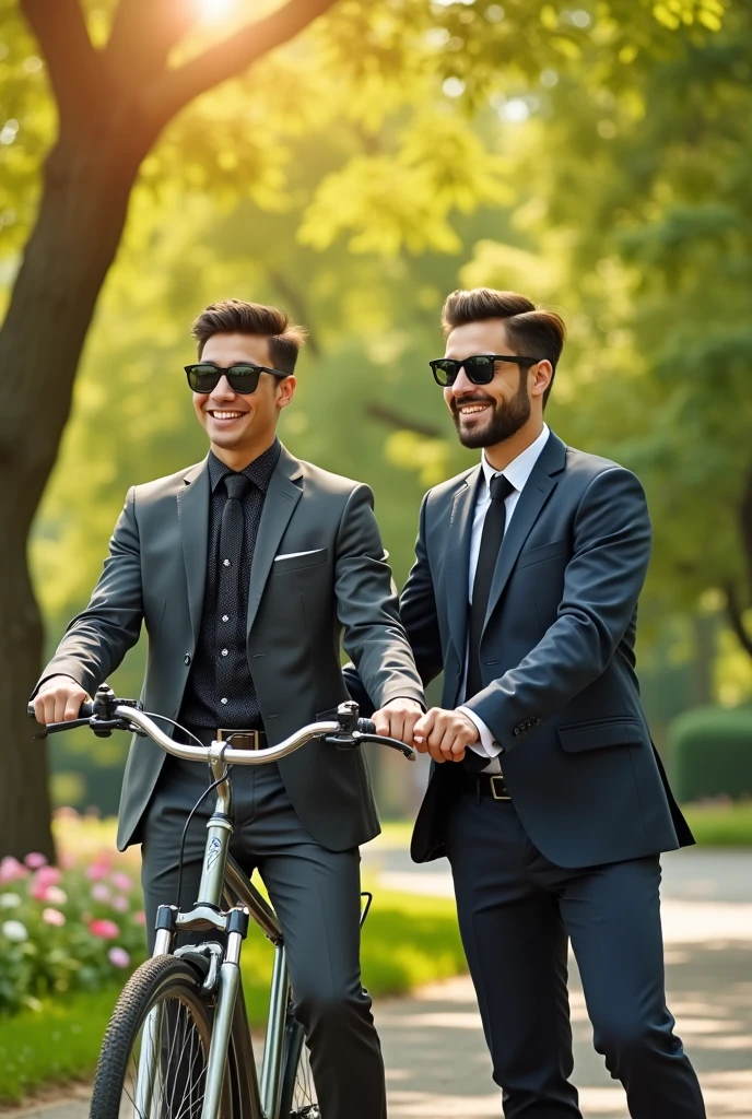 a guy ,good looking , executive look with black cooling glass, starting to learn how to ride a bicycle, with a friend teaching him.