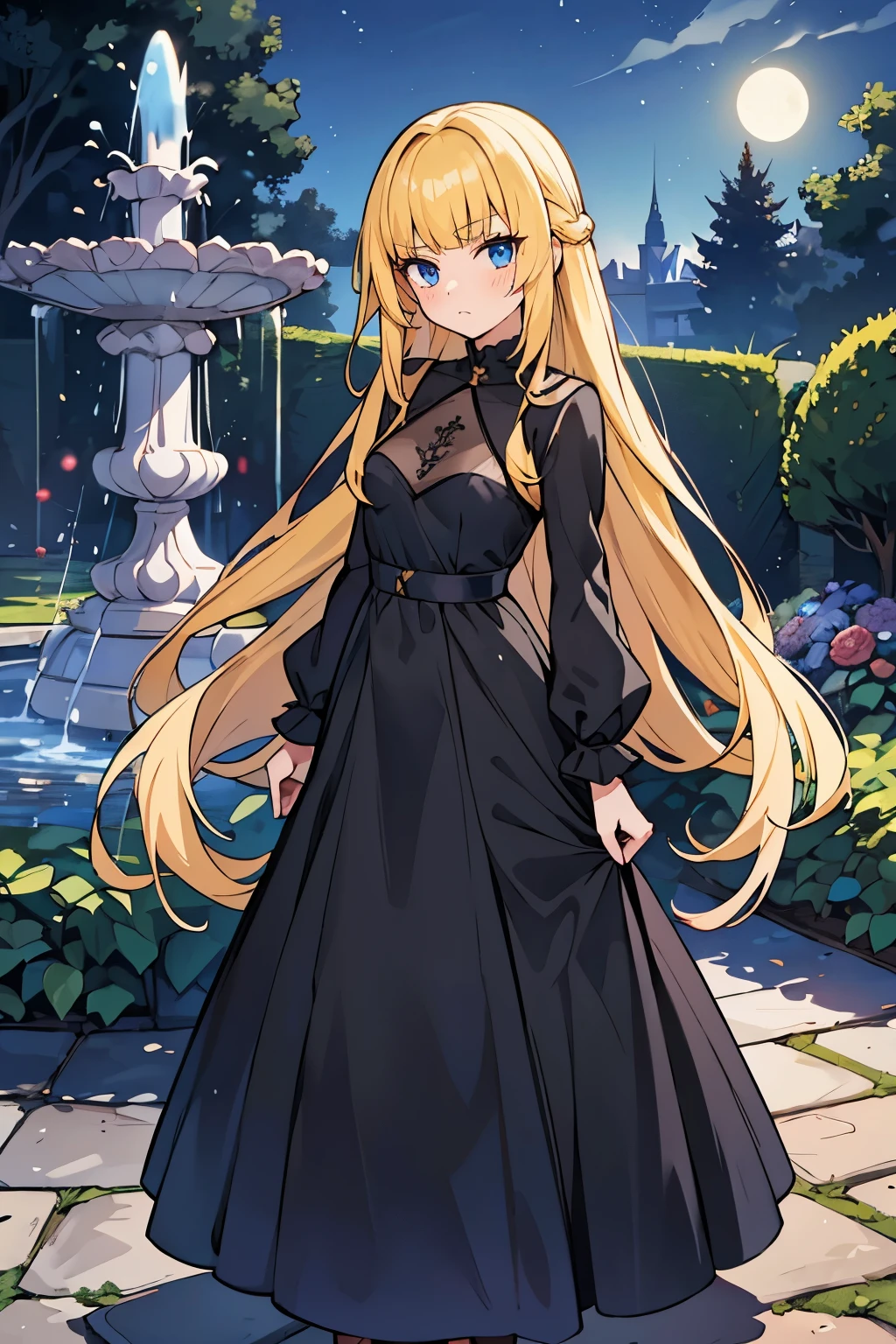 fairy_tail_style, solo, 1 girl, (young female body:1.4), (medium small breasts), golden yellow hair, extra long hair, blunt bangs, crystal blue eyes, very detailed blue eyes, mansion garden, standing on a cobble pathway, a moonlit garden with a fountain, rose bushes, night time, elegant black dress, maxi length black dress, long sleeves,  form fitting dress, chic evening dress, party dress, cowboy shot