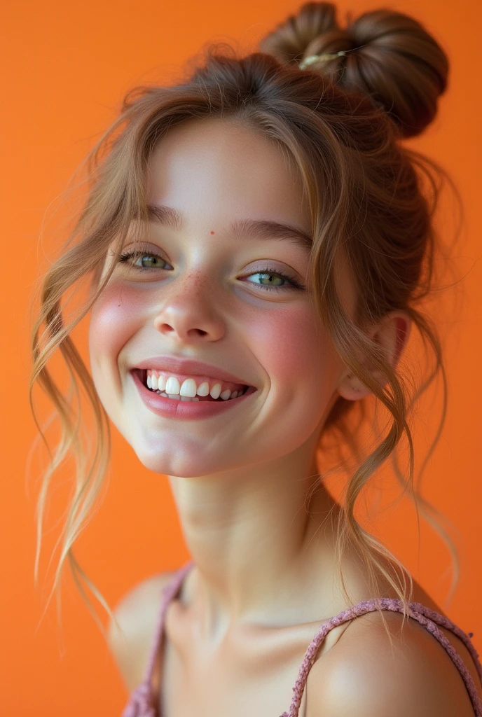 ((masterpiece)), ((Highest quality)), (Portrait of a beautiful girl), Eye for perfect detail, Face in perfect detail, Very elaborate nose, Open your mouth, Radom Color Shorts, Perfect Teeth, Exposing shoulders, Charm, Perfect Face, Dimples on cheeks, Depth of written boundary, High resolution, ((Realistic skin texture)), (Well-proportioned hands), Thin lips, Random color hair, Floating multicolored hair, Narrow waist, Orange pastel background