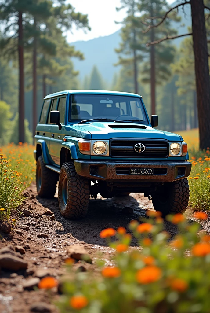 Create a background of a blue off-road Land Cruiser in the mud