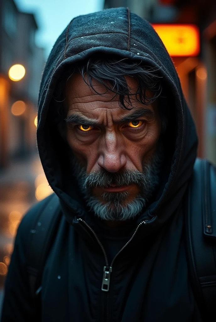 The face of a man tired of being mistreated, with eyes the color of fire., angry