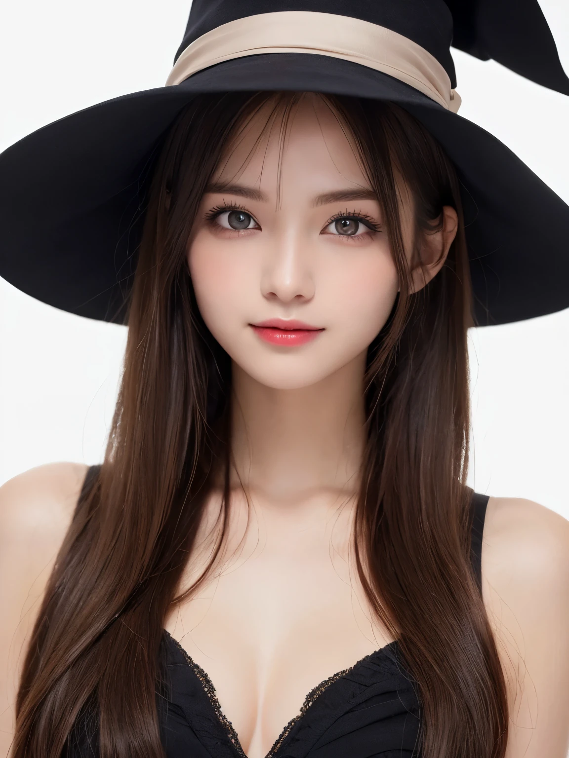 white background, half body portrait, bust shot, looks very happy, smile, one girl, (a beauty girl, delicate girl:1.3), (20 years old:1.3), break, (dress up as halloween witch), break, very fine eyes, (symmetrical eyes:1.3), break, E cup breasts, brown eyes, parted bangs, short hair, brown hair,  (eyes and faces with detailed:1.0), break, (masterpiece, best quality, ultra detailed, detailed face, 8k)