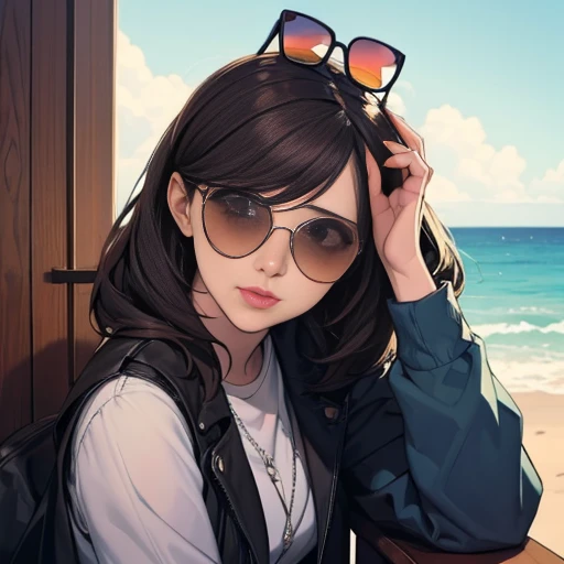 A girl with sunglasses perched on her head, only one sunglasses