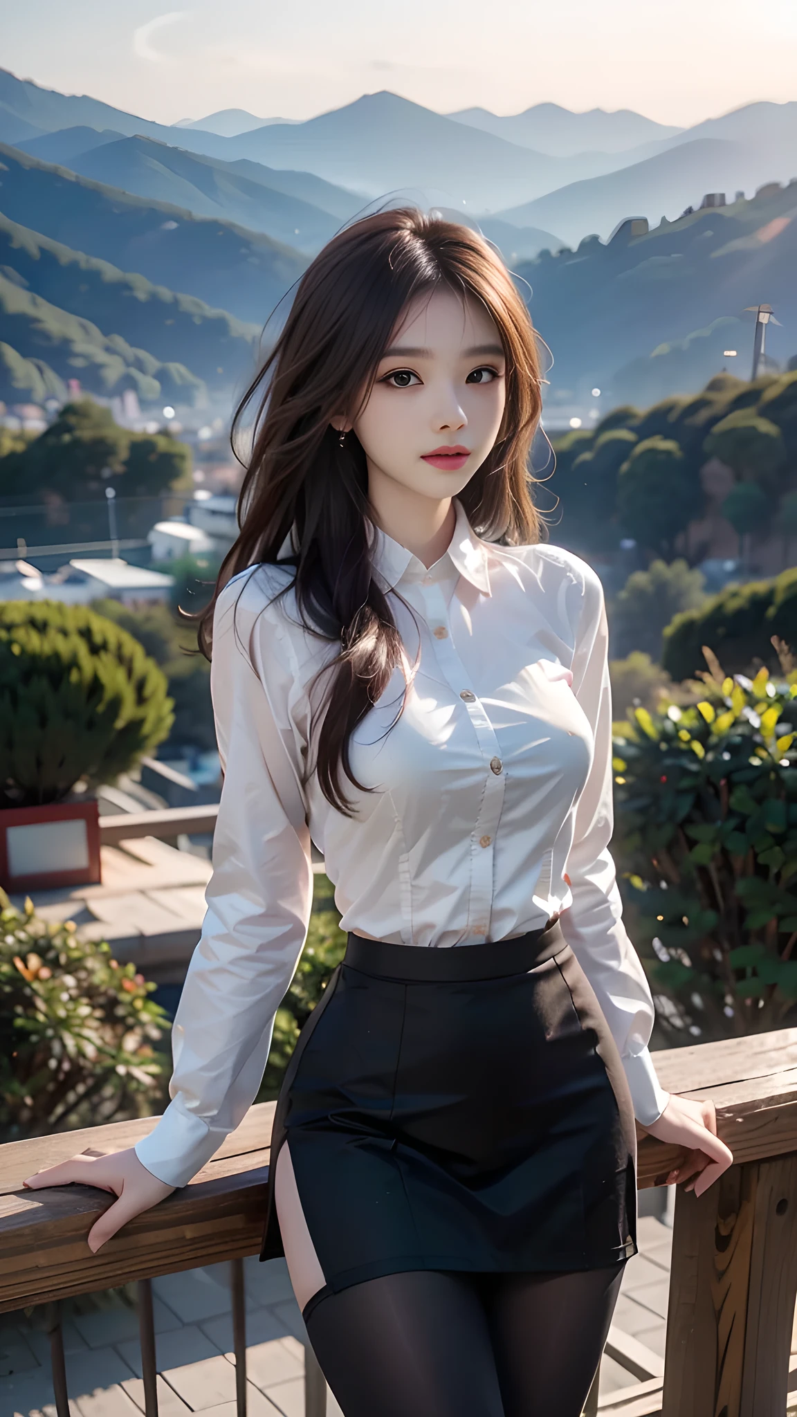 ulzzang-6500-v1.1, (RAW photo: 1.2), (Real photo), (Real photo: 1.4), 1 girl、Perfect anatomy、19 years old、Looking at the camera、Medium length hair、Uniform skirt, watching the sunset, ((in the mountains: 1.1))、(Hyperrealistic tights: 1.2), (Business service)、Asian eyes Ella,
